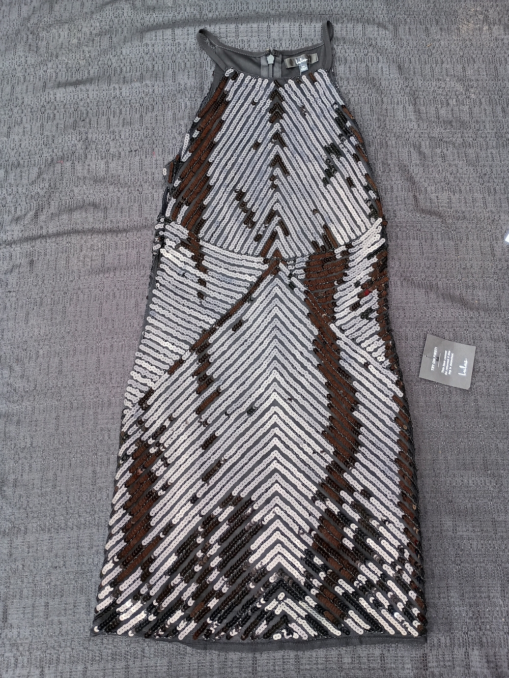 Sequin Chevron Halter Dress - Silver & Brown